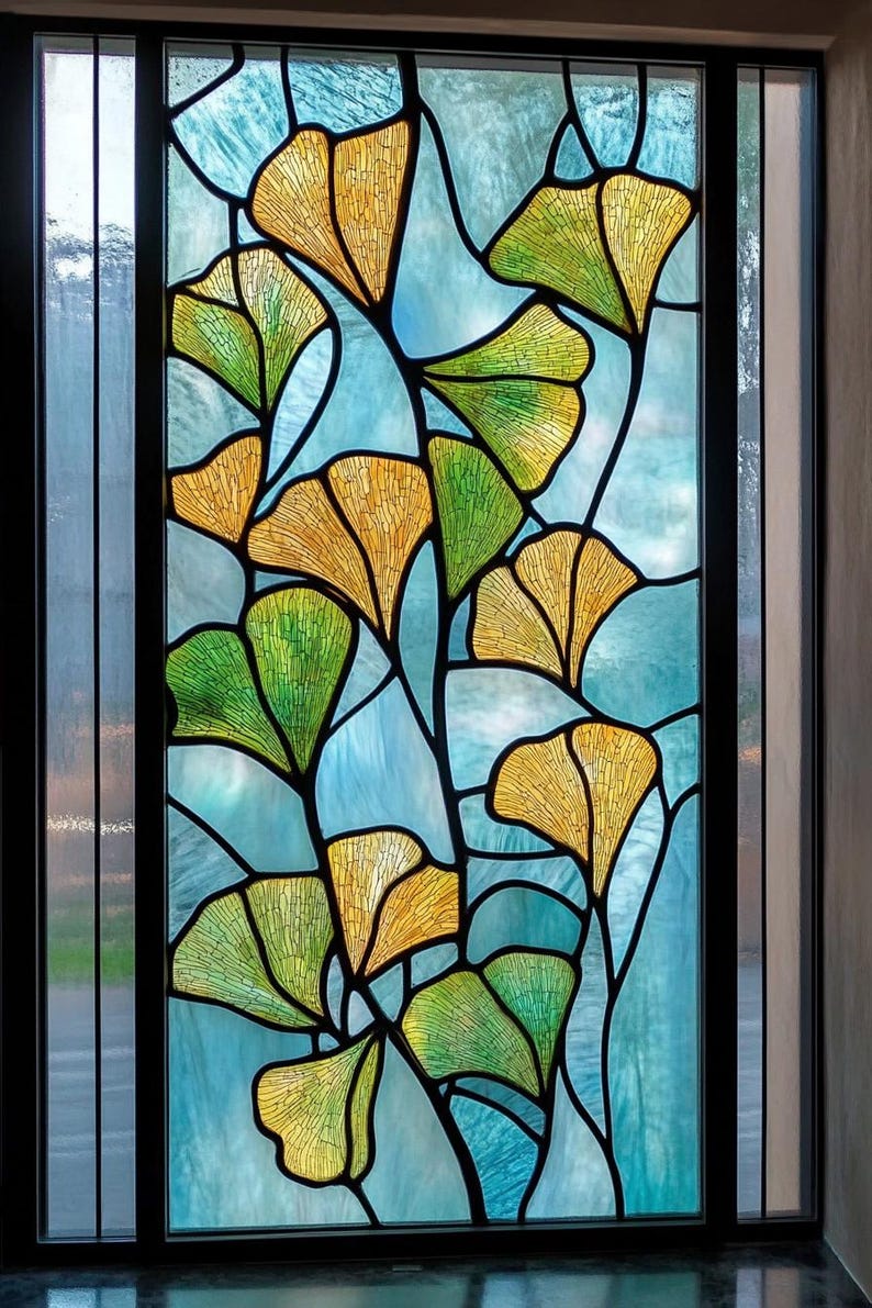 Gingko Window Custom Ginkgo Leaf Stained Glass Window Film – Yellow Botanical Privacy ...