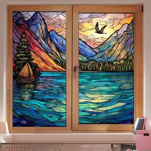 Vivid Landscape Stained Glass Window Film - Scenic Nature & Lighthouse ...