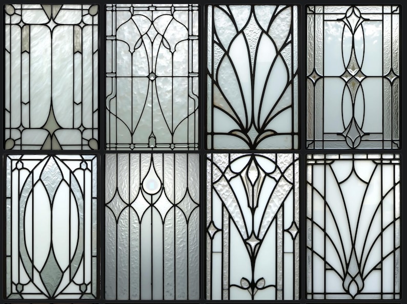 May include: Eight-paneled stained glass window with black metal frames. Each pane features a unique design with clear and frosted glass, showcasing various Art Nouveau and geometric patterns. The overall effect is a display of light and shadow.