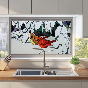 Custom Stained Glass Window Film – Cardinal in Snow Design, Frosted Privacy Static Cling for Kitchen Decor