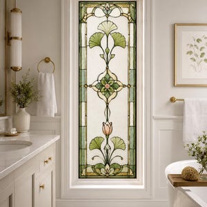 Window Privacy Film Stained Glass Window Film Art Nouveau Ginkgo Floral Door Sidelight Decal Custom Size Available