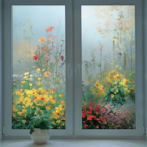 Floral Frosted Window Film - Indoor Decorative Privacy Glass Sticker, Elegant Blooming Flowers Design for Home, Bathroom & Kitchen Windows