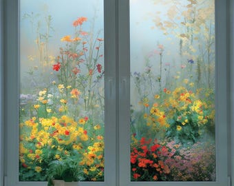 Floral Frosted Window Film - Indoor Decorative Privacy Glass Sticker, Elegant Blooming Flowers Design for Home, Bathroom & Kitchen Windows