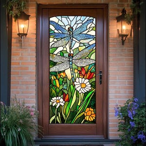 Custom Dragonfly Stained Glass Window Film – Floral Garden Static Cling for Front Door | Nature-Inspired Privacy Decorative Vinyl Panel