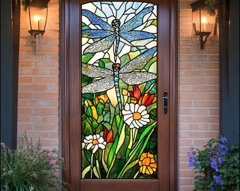 Custom Dragonfly Stained Glass Window Film – Floral Garden Static Cling for Front Door | Nature-Inspired Privacy Decorative Vinyl Panel
