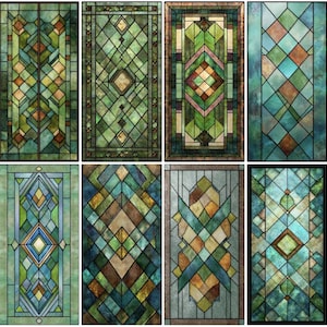 Puede incluir: Colección de ocho paneles de vidrieras con diseños geométricos. Cada panel presenta una disposición única de vidrio coloreado en tonos verdes, azules, marrones y dorados, creando un efecto de mosaico. Los paneles rectangulares son adecuados para ventanas o arte decorativo.