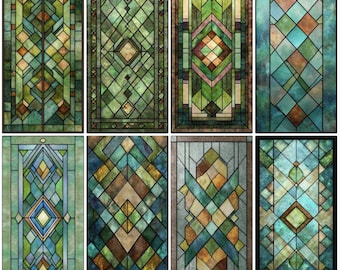 Película de vitral geométrica personalizada - Diamantes verdes y azules, ideal para sala de estar o ventana lateral de puerta / Vinilo sin pegamento