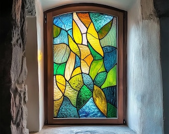 Custom Abstract Leaf Stained Glass Window Film – Colorful Static Cling Privacy Vinyl | Green Yellow Blue Decorative Panel for Bathroom