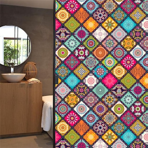 Stained Glass Window Privacy Film – Frosted Decorative Tint for Bathroom, Static Cling, Non-Adhesive Covering