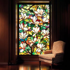 Película para vitrales personalizada con diseño de magnolia, estática y con privacidad floral blanca, vinilo decorativo esmerilado de colores para el hogar y la sala de estar.