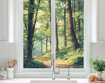 Custom Scenic Forest Stained Glass Window Film – Frosted Privacy Sticker for Living Room and Dining Areas