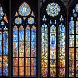 Custom Stained Glass Window Film – Gothic Cathedral Style Privacy Window Cling, Blue & Amber Decorative Glass Decals for Doors and Windows