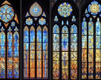 Custom Stained Glass Window Film – Gothic Cathedral Style Privacy Window Cling, Blue & Amber Decorative Glass Decals for Doors and Windows
