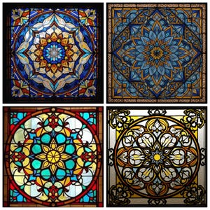 Op de afbeelding: Vier glas-in-loodpanelen met ingewikkelde bloemen- en geometrische ontwerpen. De panelen hebben verschillende kleuren, waaronder blauw, geel, oranje en rood, met zwarte randen. De ontwerpen zijn symmetrisch en gedetailleerd en tonen een caleidoscoop van patronen.
