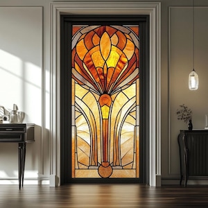Stained Glass Window Film Art Deco Fan Design Privacy Frosted Vinyl Static Cling No Glue UV Protection for Front Doors and Home Windows