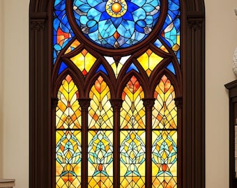 Cathedral Arched Stained Glass Window Film – Sunrise Blue and Amber Gothic Design for Elegant Doors and Windows