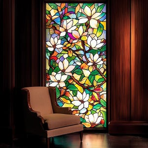 Custom Magnolia Blossom Stained Glass Window Film – White Floral Static Cling Privacy Cover | Vibrant Decorative Frosted Vinyl for Bathroom