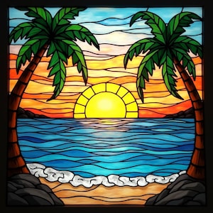 Puede incluir: Panel de vidrieras que representa una escena de atardecer tropical. La obra presenta un sol amarillo brillante que se pone sobre un océano azul, con dos palmeras a cada lado. El cielo transita del naranja al azul.