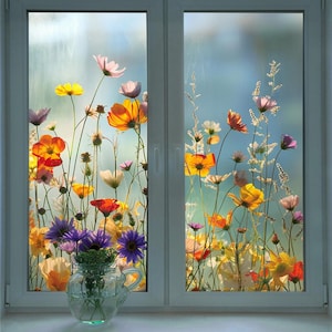 Floral Window Film - Vibrant Peel & Stick Decorative Privacy Film for Windows, Stained Glass Effect with Flowers - Easy to Install, No Glue