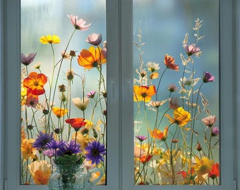 Pellicola per finestre floreale - Pellicola decorativa per la privacy, effetto vetro colorato con fiori, staccabile e adesiva, facile da installare, senza colla