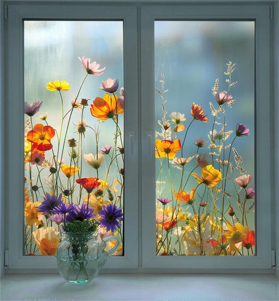Florale Fensterfolie - Lebhaftes dekoratives Sichtschutzfolie für Fenster, Buntglas-Effekt mit Blumen - Einfach zu installieren, Kein Kleber