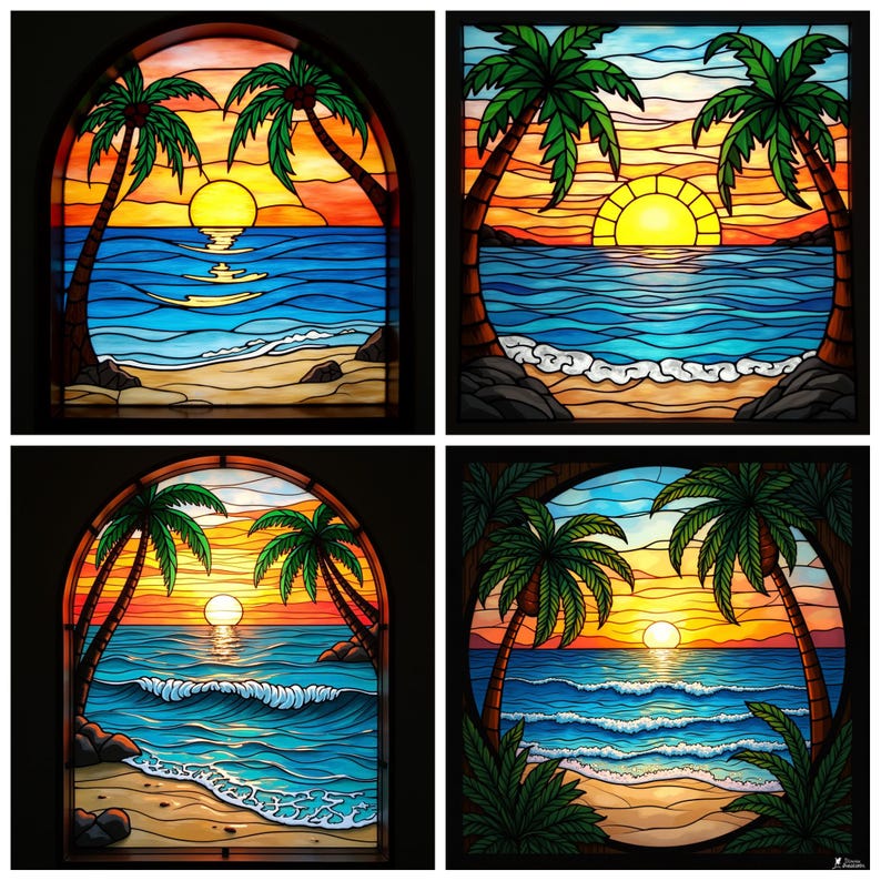 Custom Beach Sunset Stained Glass Window Film – Tropical Ocean View ...