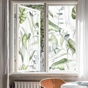 Green Plants Leaves Privacy Window Film – Anti-UV, Glue-Free Static Cling Frosted Glass Film for Doors & Windows