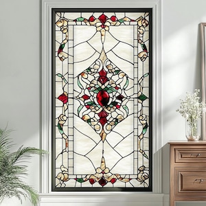Stained Glass Window Privacy Film – Red Jewel Victorian Design | Custom Static Cling Frosted Glass Cover for Home, Kitchen, Bathroom,Balcony