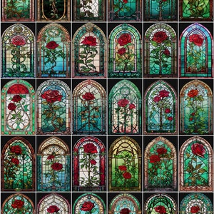 Privacy Window Films, Rose-Themed Stained Glass Window Door Stickers, No-Glue Static cling Design, Decorative Frosted Films for Privacy