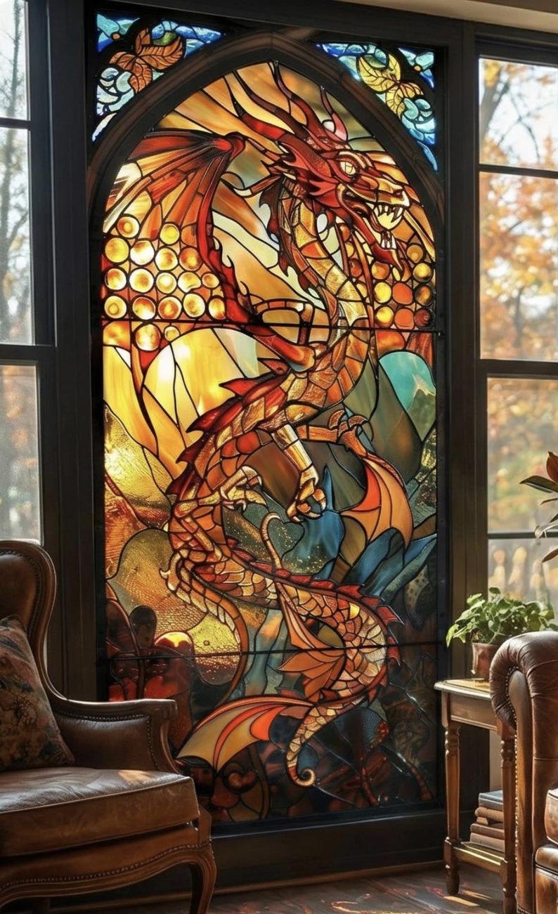 Fantasy Dragon Stained Glass Window Film Frosted Privacy Static Cling ...