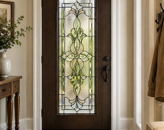 Custom Size Stained Glass Door Film, Green Floral Static Cling Window Decal, Privacy Semi-Transparent Glass Sticker, Removable Home Decor