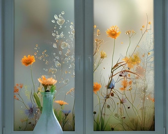 May include: A frosted window with a floral design. Orange and yellow flowers and delicate stems are visible, along with a vase holding flowers. The window is set in a white frame, creating a soft, natural aesthetic.