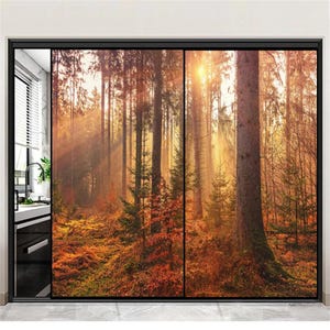 Custom Size Sunshine Forest Privacy Window Film – Static Cling, Frosted, Heat Control, UV Blocking for Glass Windows and Doors