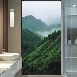 Misty Mountain Green Landscape Window Film, Nature-Inspired Privacy Static Cling, Non-Adhesive Frosted Decorative Window Sticker for Home
