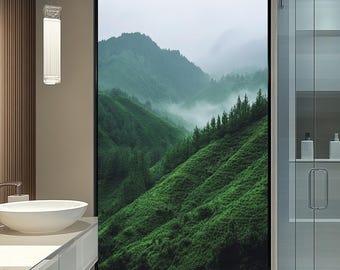 Misty Mountain Green Landscape Window Film, Nature-Inspired Privacy Static Cling, Non-Adhesive Frosted Decorative Window Sticker for Home