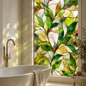 Botanische glas-in-loodraam privacyfolie, groen bladmozaïek decoratief raamdecoratie, aangepast formaat beschikbaar