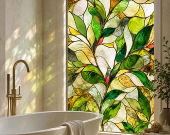 Botanical Stained Glass Window Privacy Film, Green Leaf Mosaic Decorative Window Cling, Custom Size Available