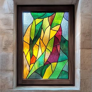 Colorful Leaf Pattern Stained Glass Window Film – Custom Static Privacy Cling for Bathroom, Kitchen, or Glass Door