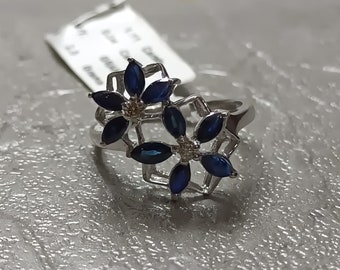 Natural Diamond & Blue Sapphire Gemstone Solid 925 Sterling Silver Ring Gift For Her Ring Size 6 - 12