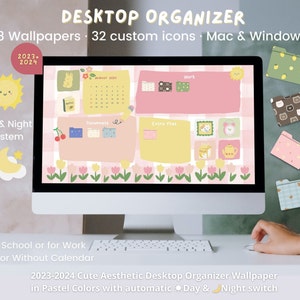 Cute Desktop Organizer Wallpaper in Pastel Colors Theme + Folder Icon Set for Mac&Windows,  2023-4 Digital Calendar, Desktop Background+icon