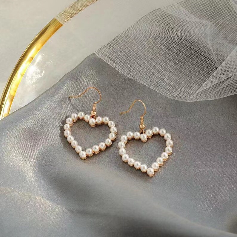 Pearl Heart Earrings Heart Dangle Drop Hook Earrings Faux Pearl Heart