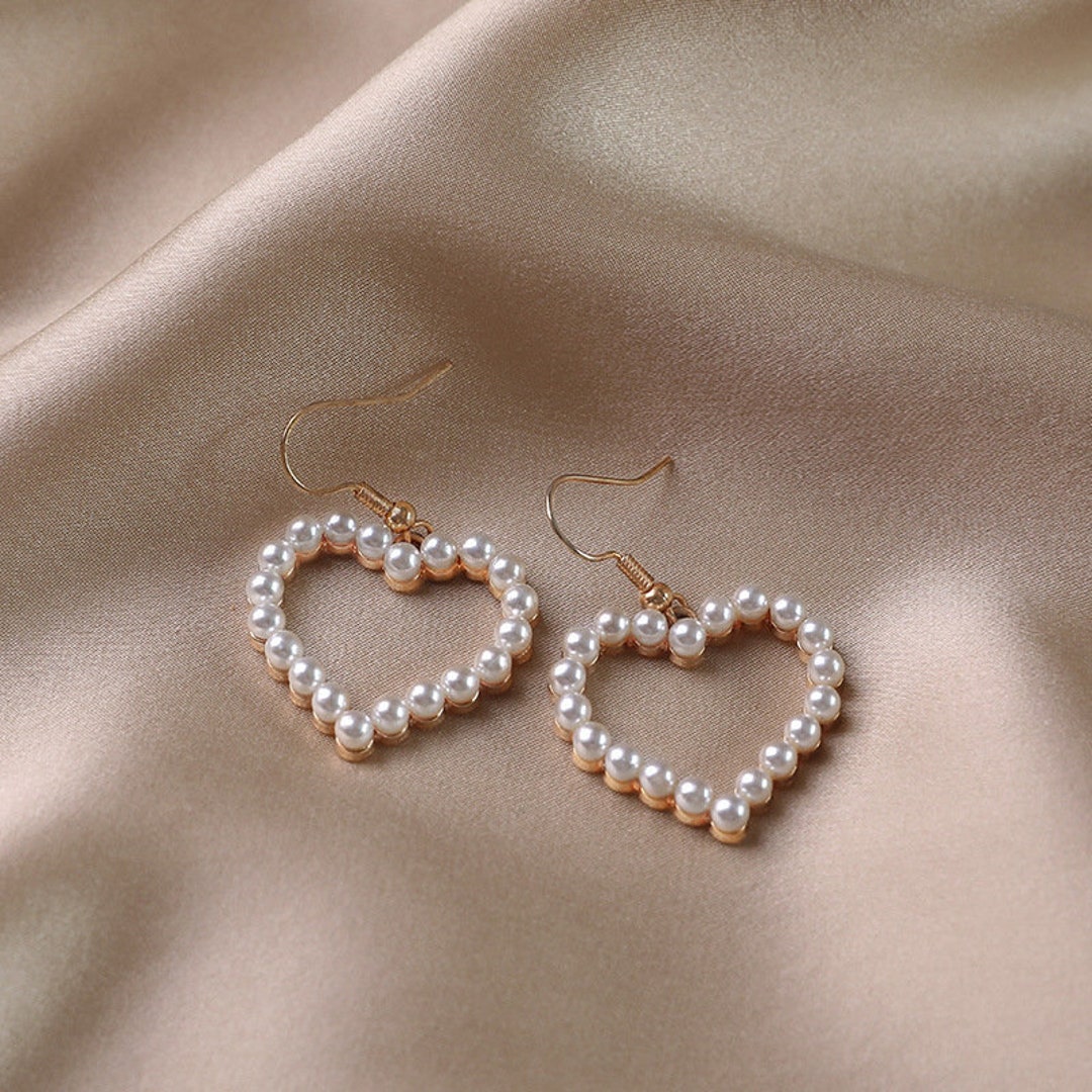 Pearl Heart Earrings, Heart Dangle Drop Hook Earrings, Faux Pearl Heart