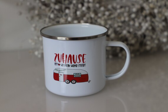 MUGSY Emaille Tasse „Home Is Where You Park It“ – 300 Ml, Weiß, Bruchfest & Leicht Für Camping
