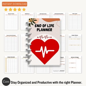 May include: A printable planner with a red heart and a heartbeat graphic. The planner is titled "End of Life Planner" and has a light gray background. The planner is designed to help people stay organized and productive.