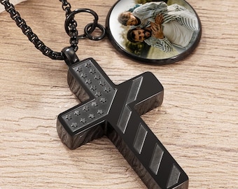 Personalized Cross Flag Urn Necklace for Ashes, Customized Memorial Pendant, Cremation Jewelry for Men, Ashes Holder, Keepsake Necklace