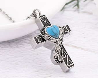 Cross Turquoise Urn Necklace for Ashes, Heart Cremation Jewelry, Cremation Necklace, Cross Urn Necklace for Man Woman
