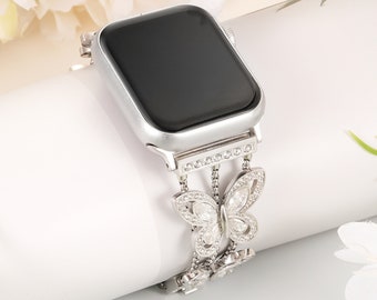 Butterfly Rhinestone Apple Watch Band, Bling Slim Strap for Women, 38-42mm 42-49mm, Series 1-10 SE, Stainless Steel Bracelets for iWatch