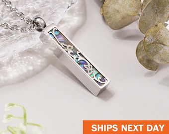 Personalized Abalone Shell Cremation Jewelry for Ashes, Customized Cube Ashes Necklace, Bar Urn Necklace, Cremation Necklace for Women