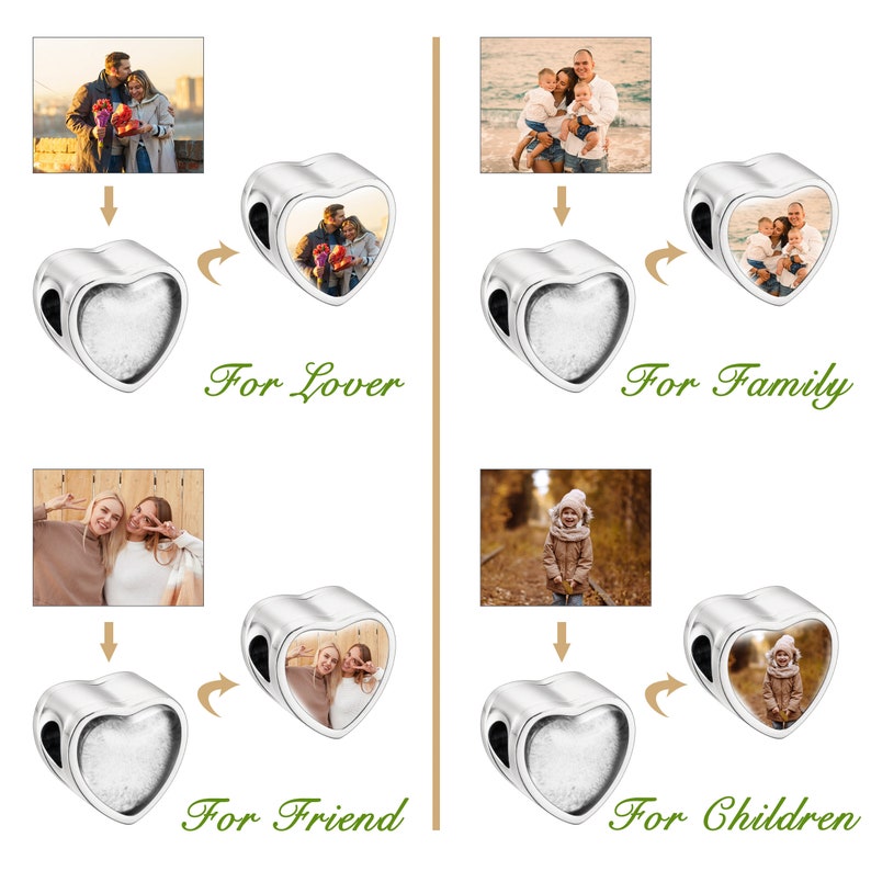 May include: Four silver heart-shaped photo charms with a white background. Each charm has a different photo inside: a couple, a family, two friends, and a child. The charms are for a bracelet or necklace.