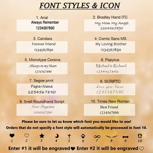 May include: A chart with 10 different font styles and their corresponding numbers. Each font style is displayed with a sample text and the number 1234567890. Below the chart are 10 icons with their corresponding numbers. The text below the icons reads: "Enter #1 it will be engraved Enter #2 it will be engraved".